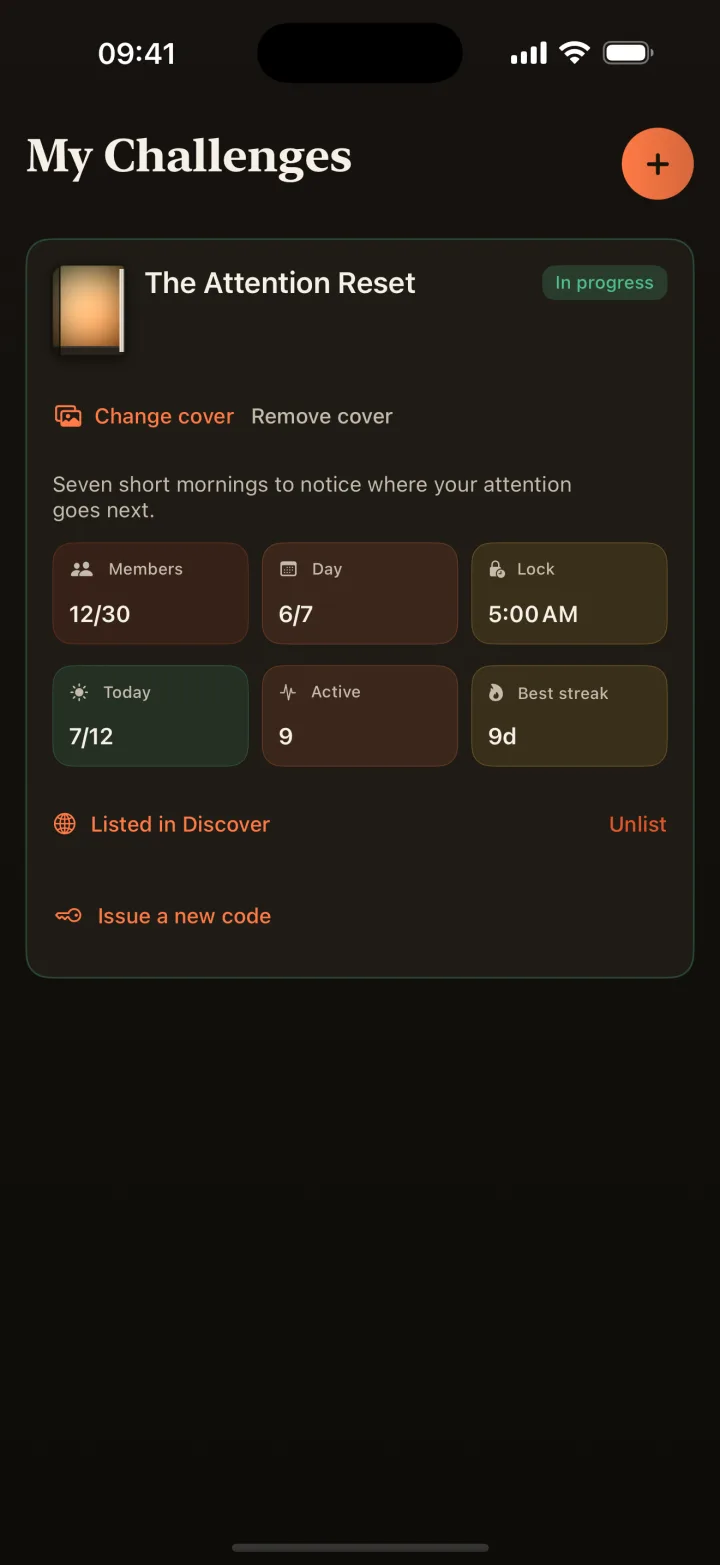 Readify My Challenges screen showing a published challenge with its photo jacket, Change cover and Remove cover actions, member and streak stats, and Issue a new code